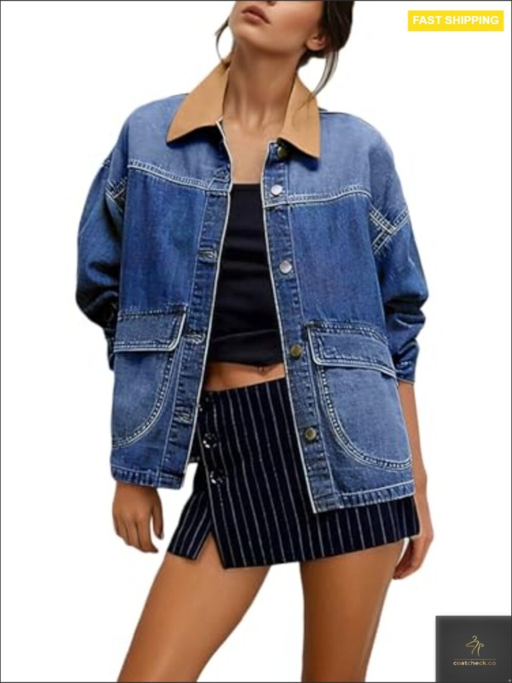 Oversized Boyfriend Denim Jacket Button Down Contrast Trim Barn Jacket With - Picture 2 of 7